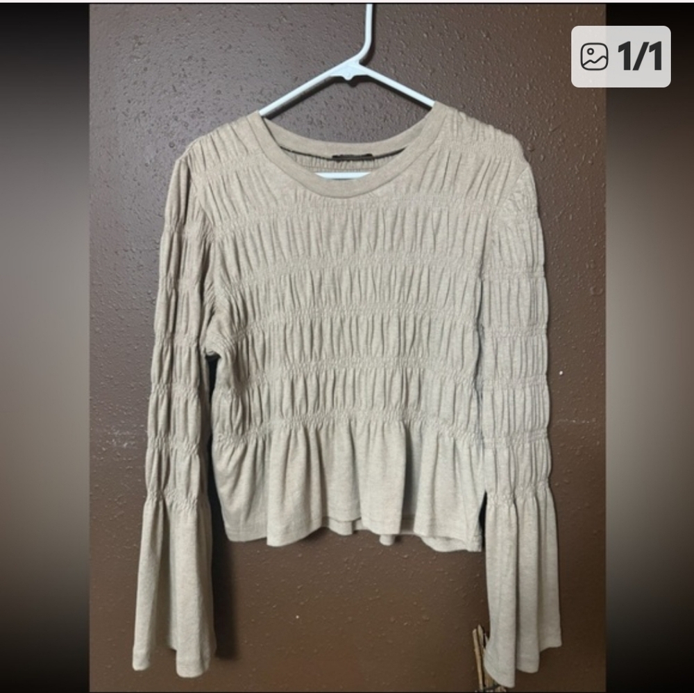 Very J Taupe Smocked Long-Sleeve Peplum Top